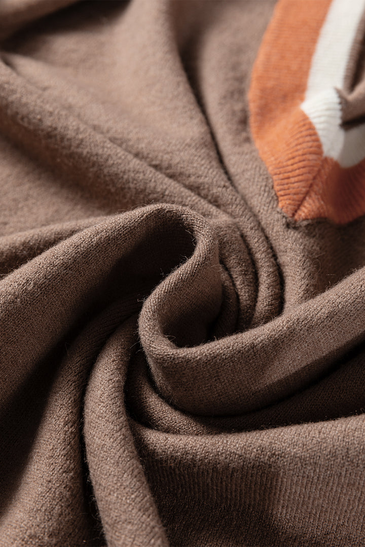 Dark Khaki Contrast Striped Trim V Neck Varsity Sweater