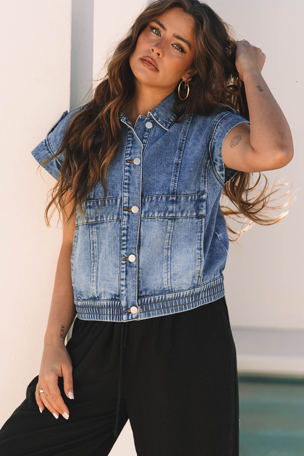 Ashleigh Blue Acid Wash Elastic Hem Button Up Denim Vest