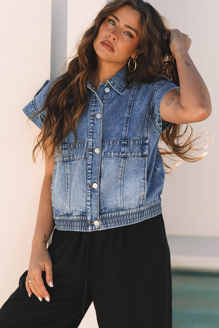 Nora Blue Acid Wash Elastic Hem Button Up Denim Vest