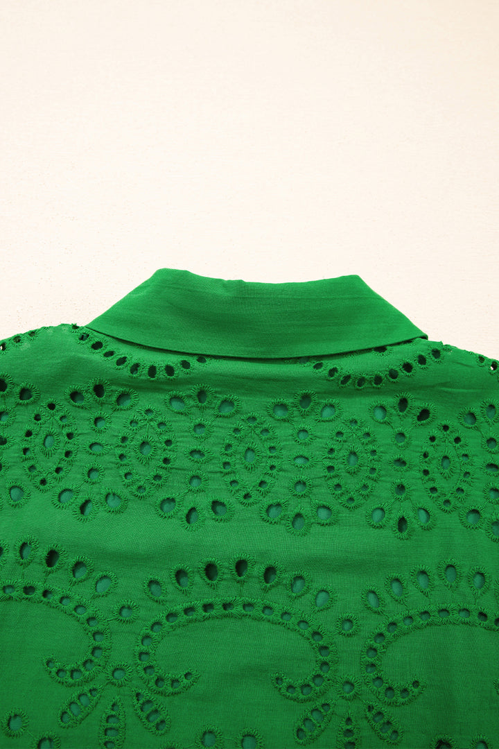 Green Solid Color Eyelet Embroidered T Shirt Mini Dress