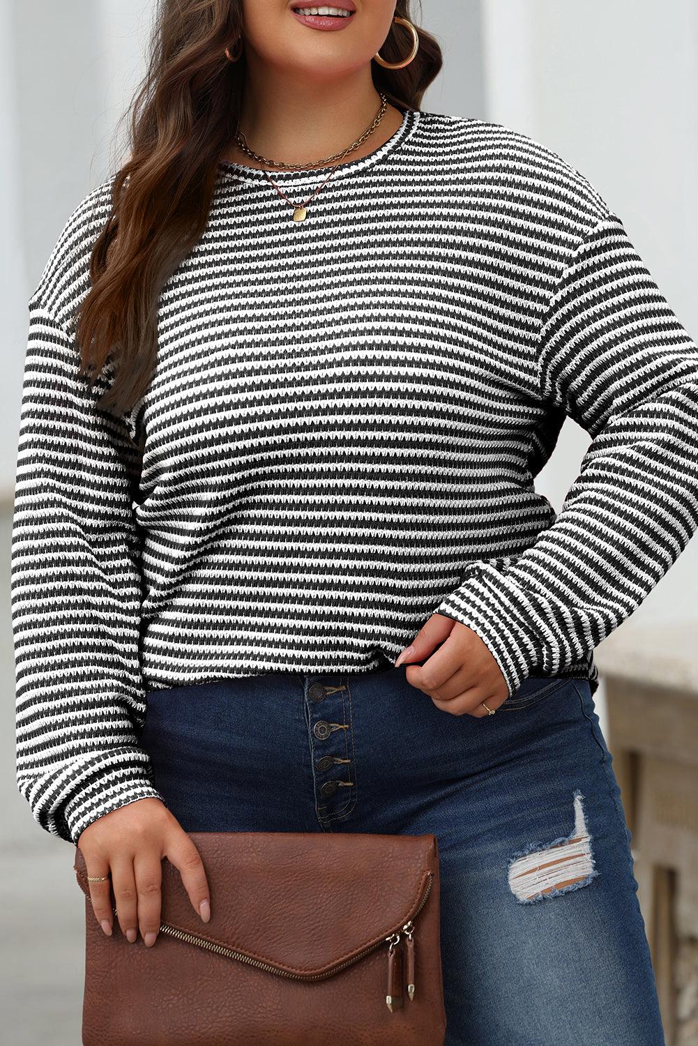 Black Stripe Round Neck Drop Shoulder Long Sleeve Top