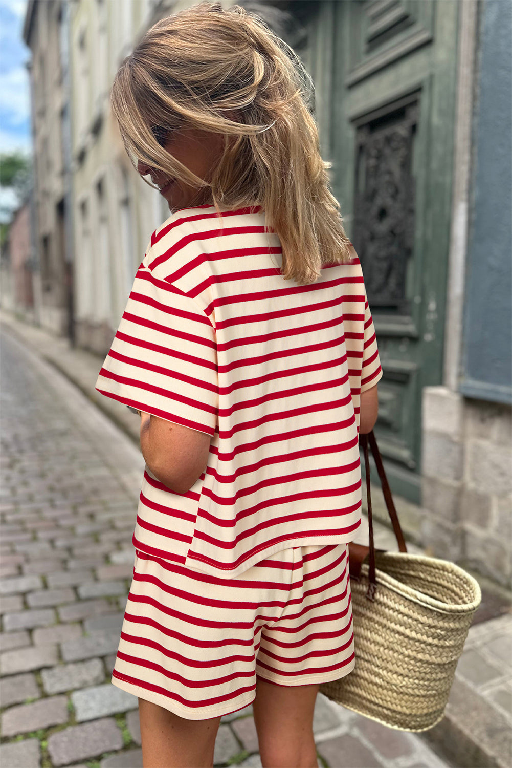 Red Stripe Lace-up Front Top and High Waist Shorts Set