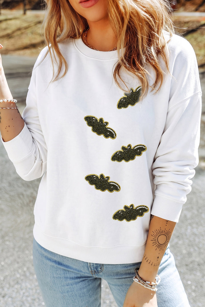 White Sequin Bat Pullover Drop Shoulder Halloween Sweatshirt