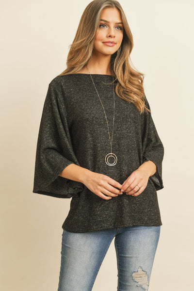 Boat Neck Bell Sleeve Solid Hacci Brushed Top