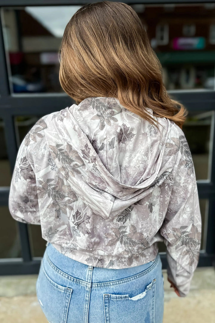 Gray Camo Leaf Print Kangaroo Pocket Quarter Zip Hoodie