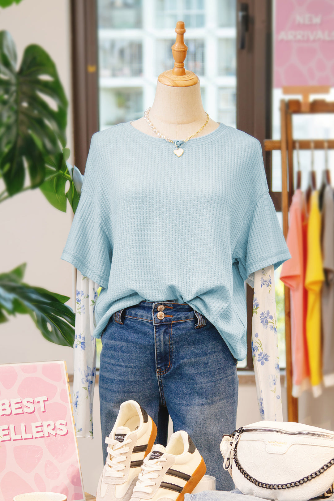 Beau Blue Floral Lace Sleeve Patchwork Waffle Fake Two-piece Top