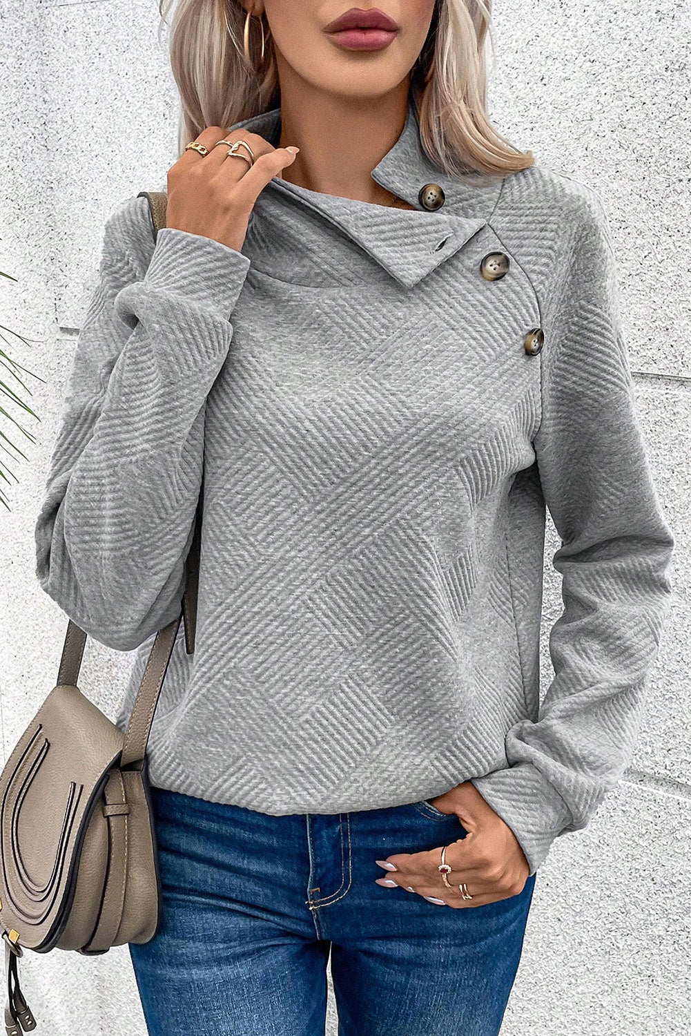 Gray Asymmetric Buttons Detail High Neck Textured Sweatshirt