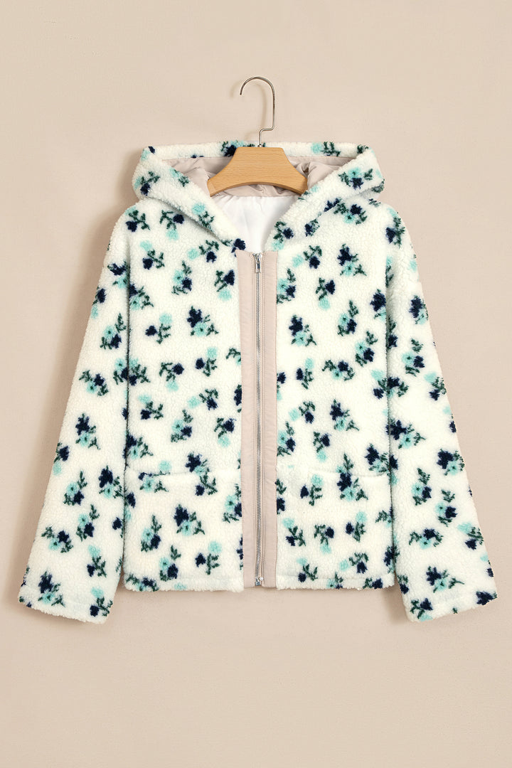 White Floral Print Faux Fur Hooded Metal Zip-up Winter Jacket