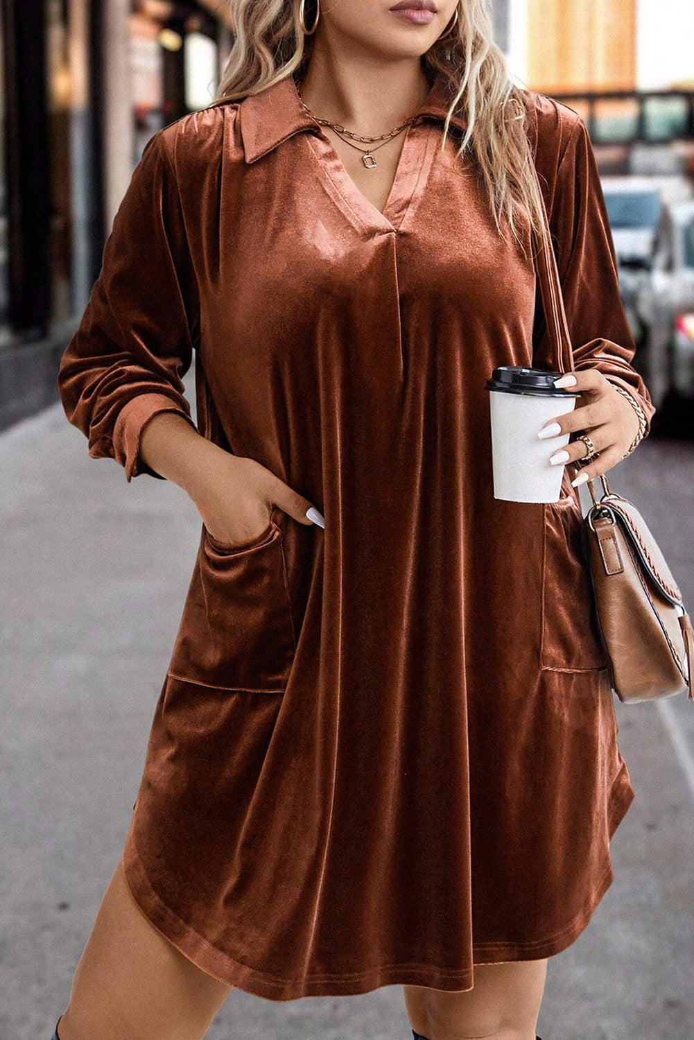 Coffee Plus Size V Neck Collared Pleated Back Rounded Hem Velvet Dress