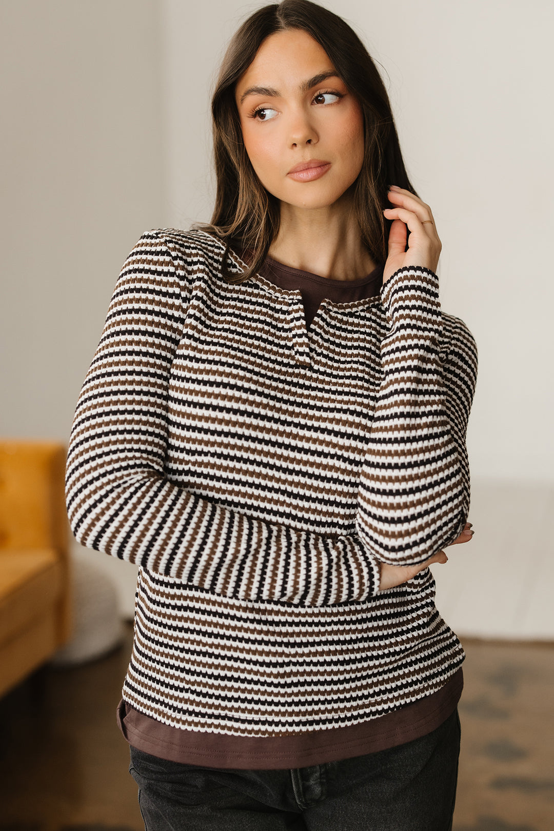 Brown Faux Two Piece Textured Striped Round Neck Long Sleeve T Shirt