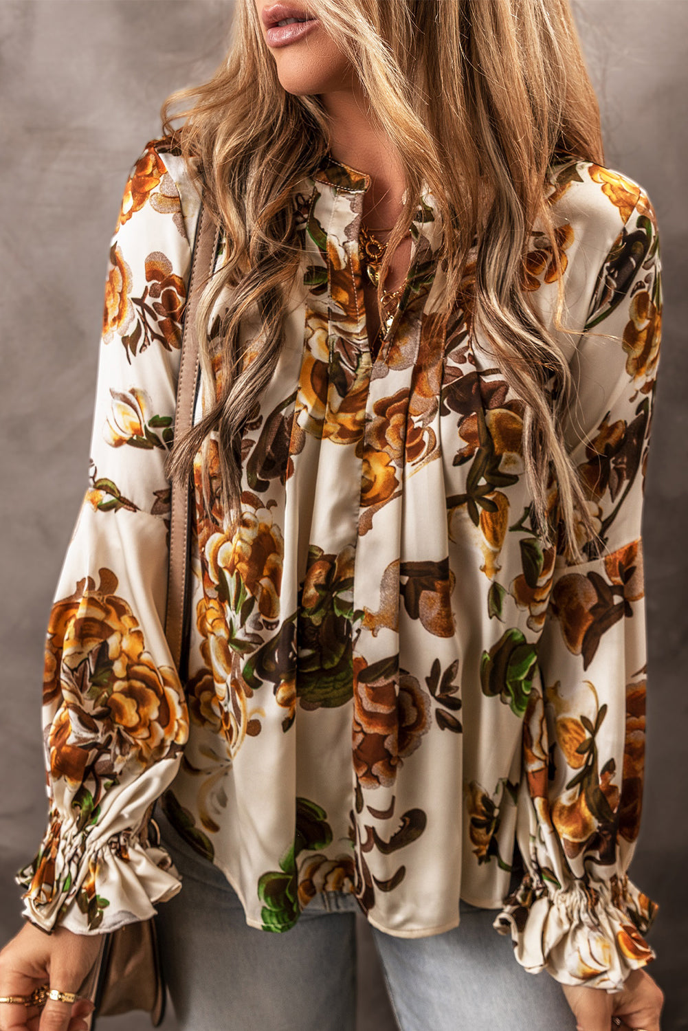 Apricot Gorgeous Floral Split Neck Flounce Sleeve Blouse