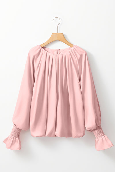 Apricot Pink Pleated Round Neck Flounce Sleeve Satin Blouse