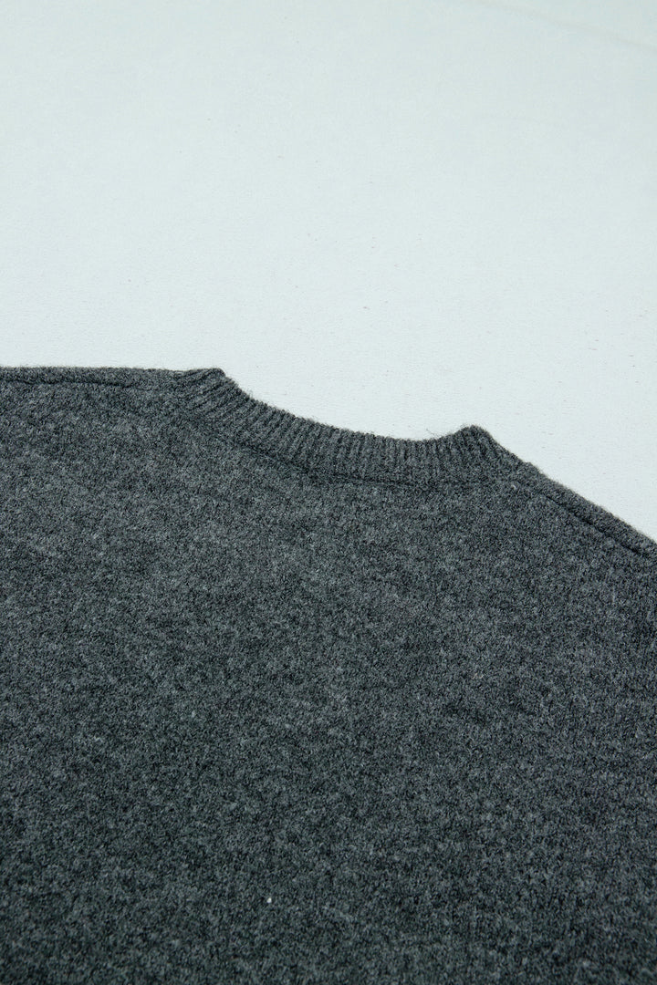 Dark Grey Beaded Floral Accent Casual Round Neck Sweater