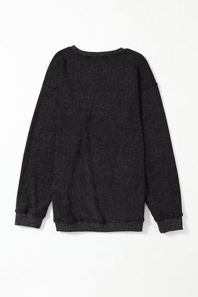 Black Solid Ribbed Knit Round Neck Pullover Sweatshirt