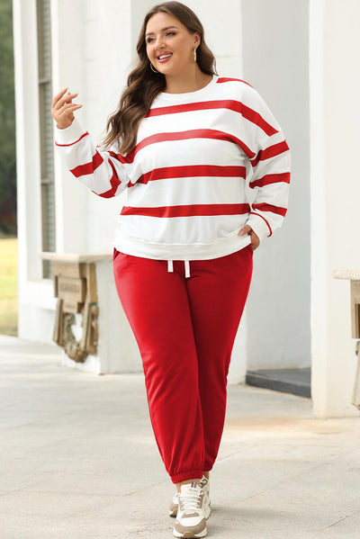 Red Stripe Drop Shoulder Pullover and Jogger Pants Set