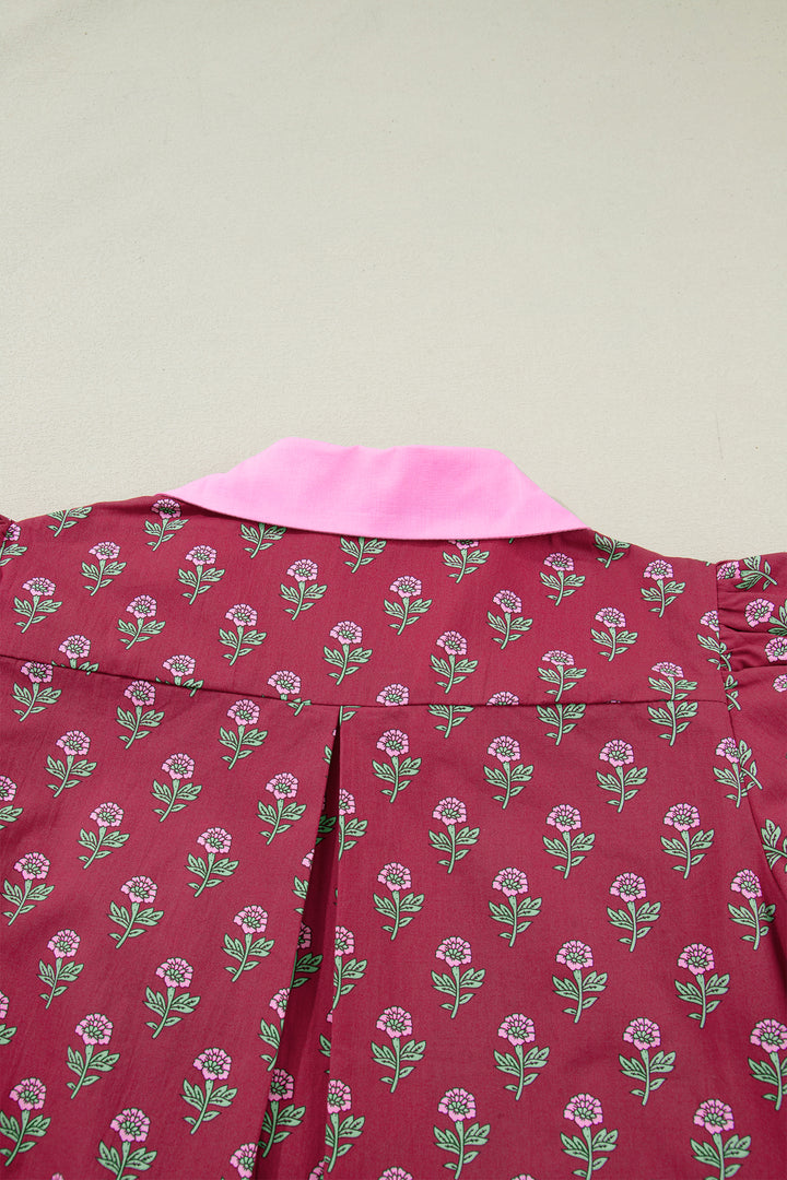 Red Contrast Collared V Neck Ricrac Trim Short Puff Sleeve Flower Blouse