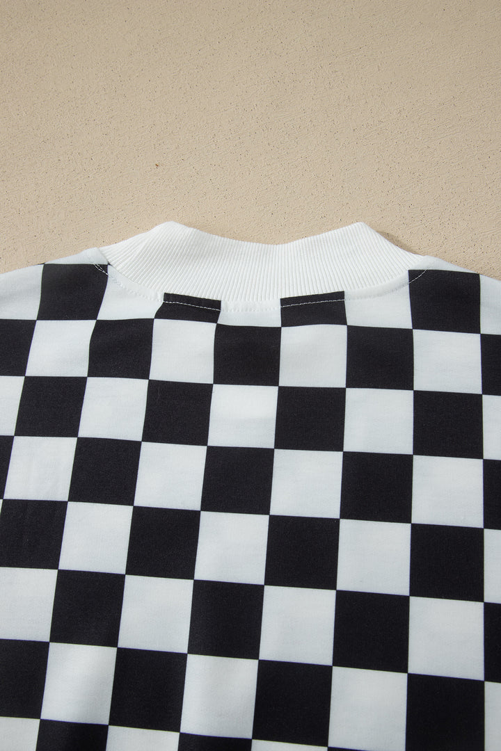 Pink Checkered Print Color Block Trim Mock Neck Short Set