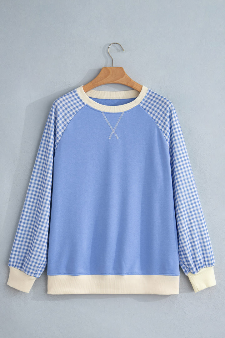 Beige Plaid Sleeve Colorblock Raglan Pullover Sweatshirt