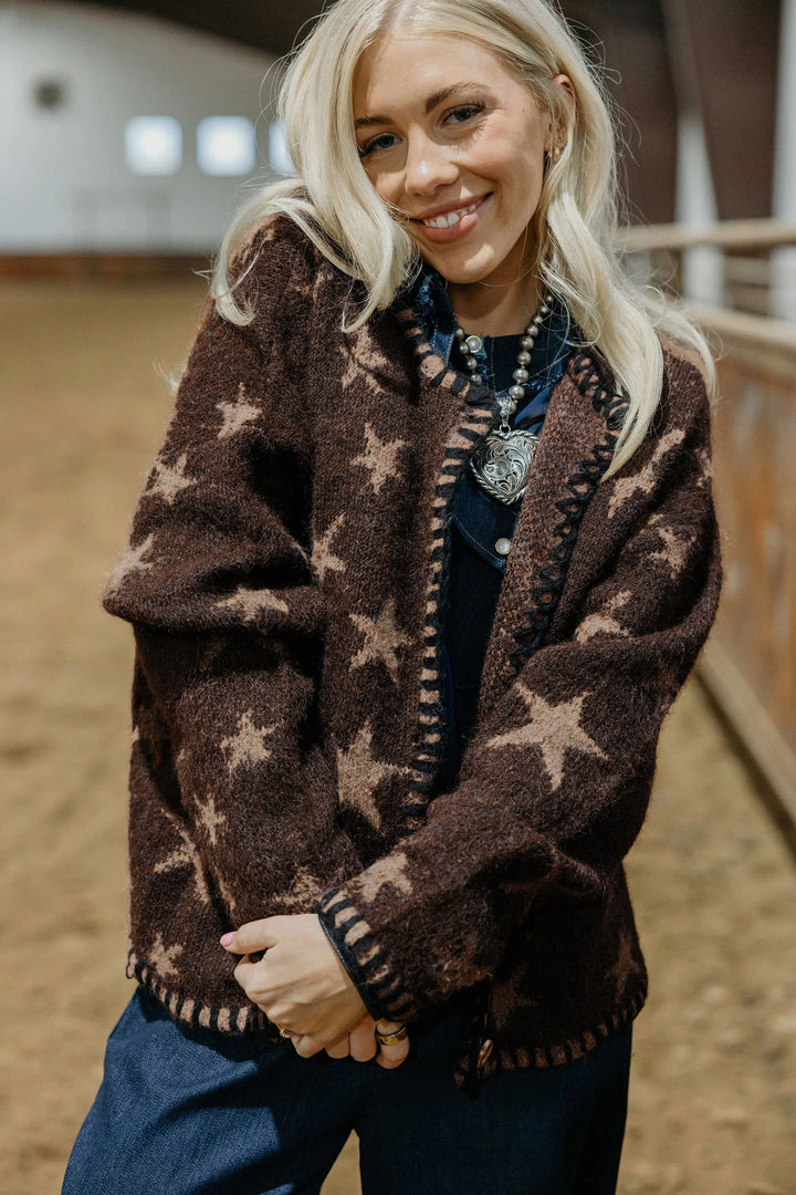 Brown Stars Pattern Colorblock Long Sleeve Shift Cardigan