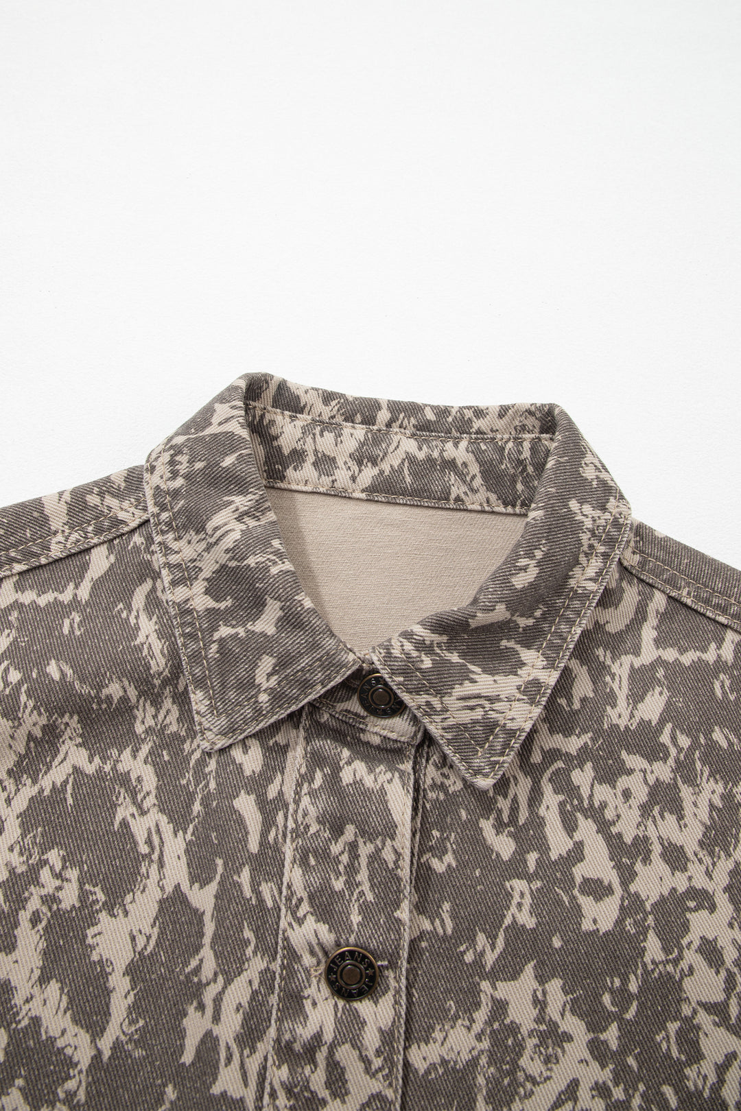 Khaki Abstract Print Long Sleeve Collar Raw Hem Denim Jacket