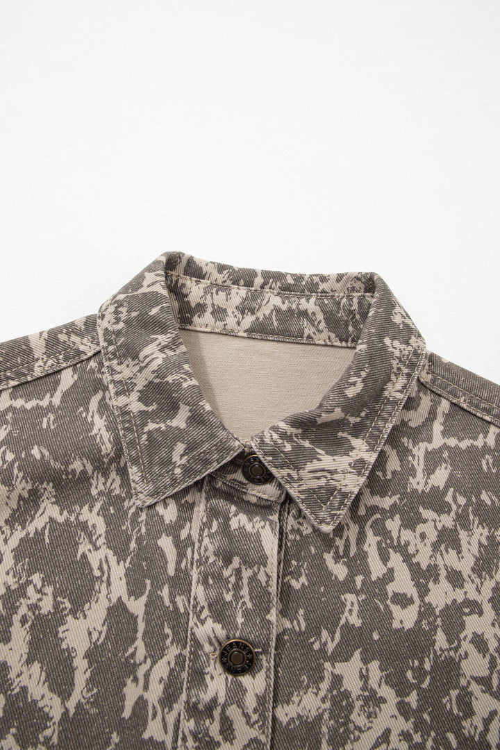 Khaki Abstract Print Long Sleeve Collar Raw Hem Denim Jacket
