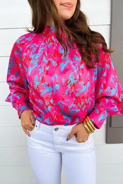 Purple Printed Bubble Sleeve Mock Neck Blouse