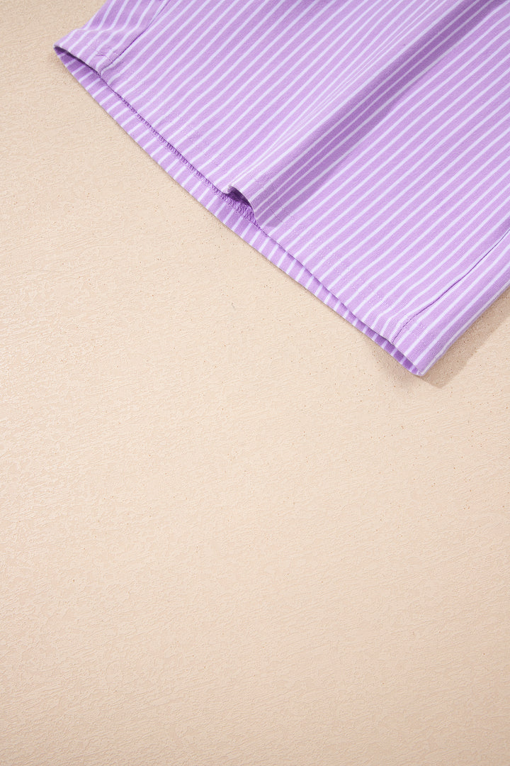 Purple Stripe Dolman Sleeve Polo Shirt and Drawstring Shorts Set
