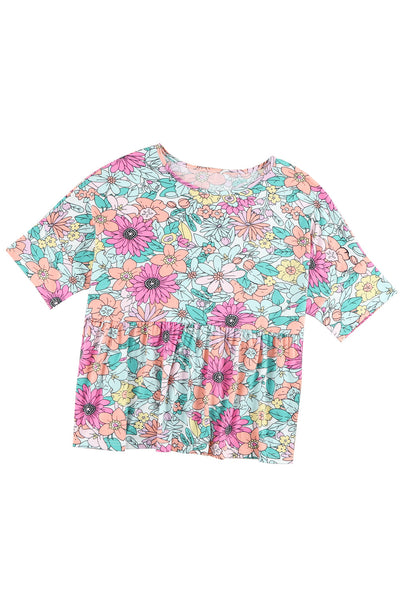 Multicolor Bohemian Flower Print Flowy Short Sleeve Top