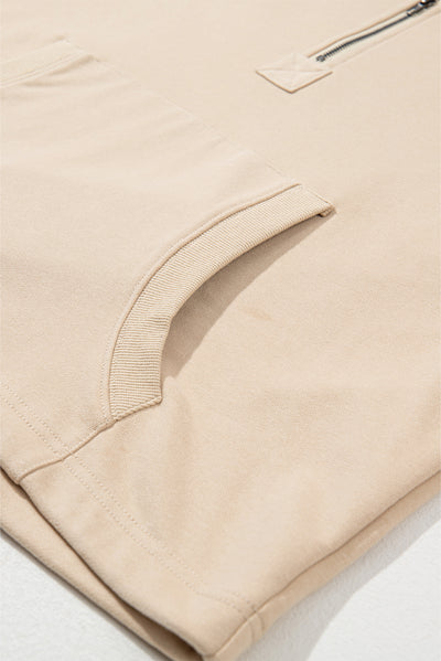 Parchment Solid Kangaroo Pocket Half Zipper Oversized Hoodie