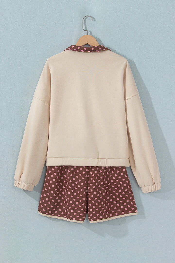 Brown Polka Dot Contrast Baggy Pullover and Elastic Waist Shorts 2pcs Set