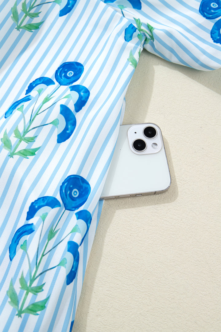 Sky Blue Floral Striped Bubble Short Sleeve Plus Size Dress