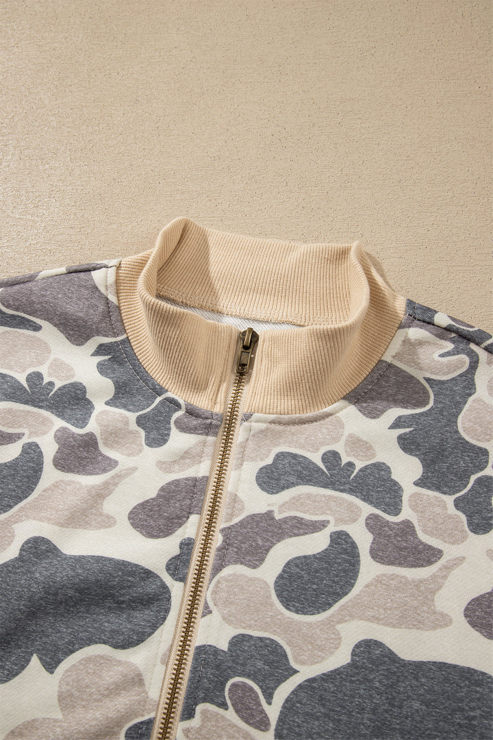 Multicolour Camouflage Print Color Block Trim Zip Bomber Sweatshirt