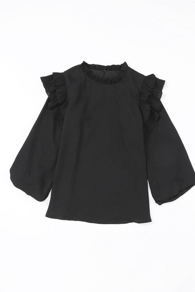 Black Button Keyhole Back Pleated Ruffle Trim Blouse