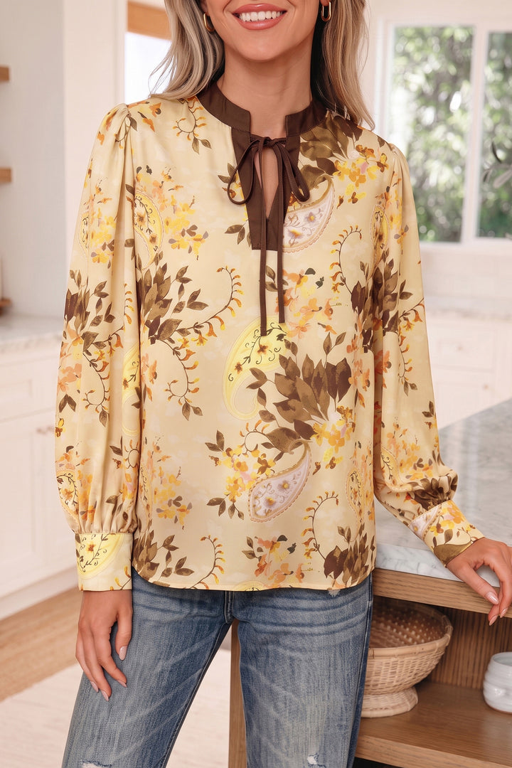 Khaki Paisley Print Tie Neck Long Sleeve Blouse