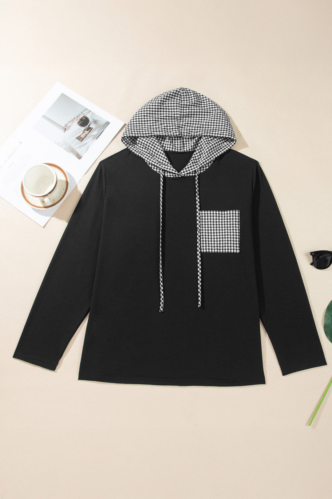 Black Hooded Gingham Paneling Chest Patch Pocket Long Sleeve Plus Size Blouse