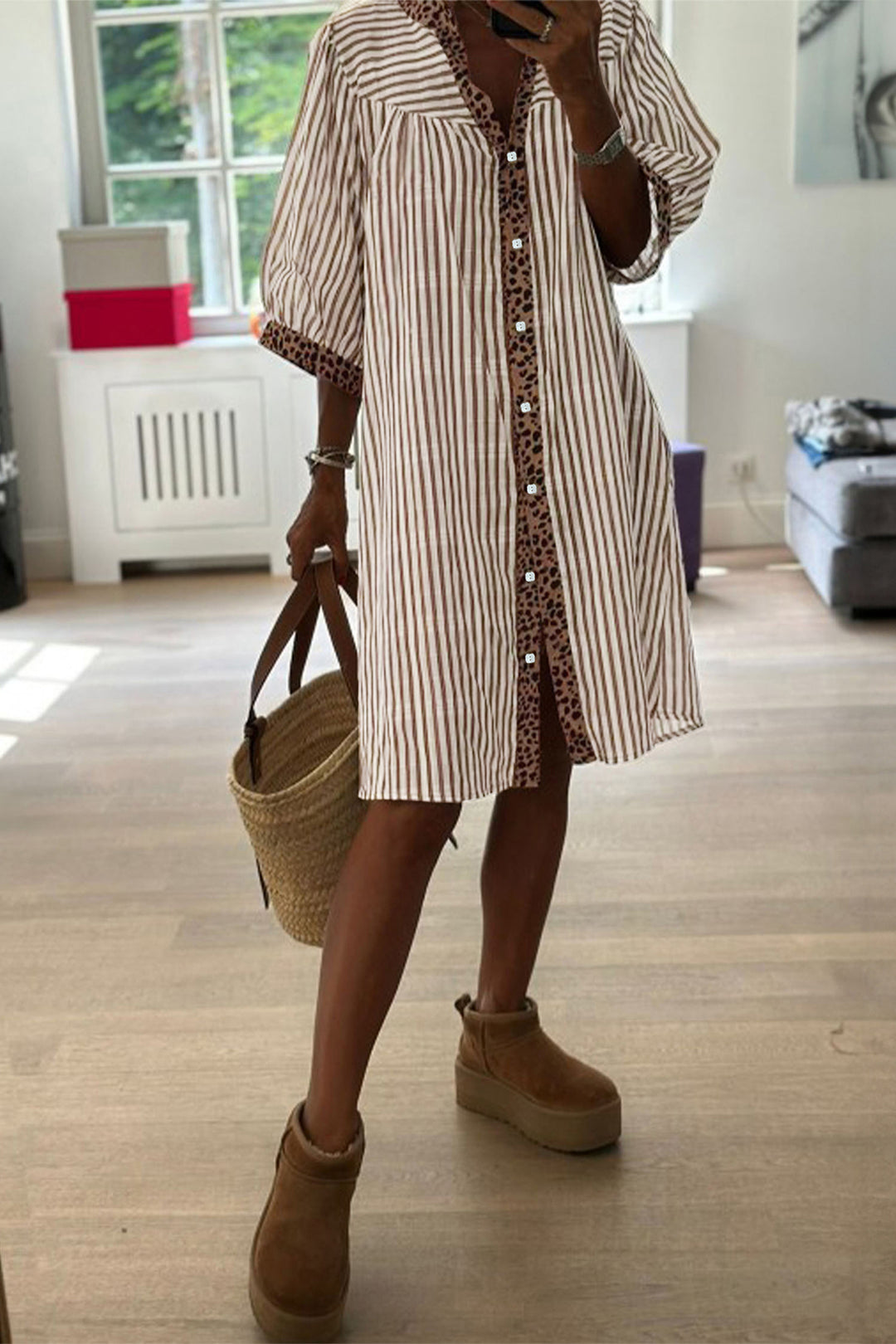 Khaki Stripe Square Button Leopard Trim Loose Bracelet Sleeve Shirt Dress Khaki Stripe Square Button Leopard Trim Loose Bracelet Sleeve Shirt Dress