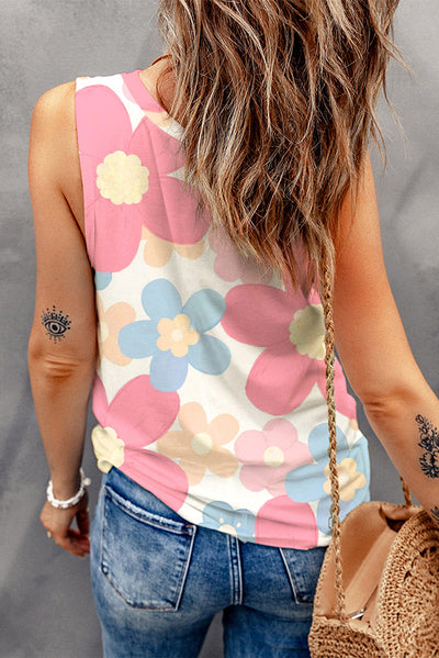 Pink Floral Print Round Neck Sleeveless Top