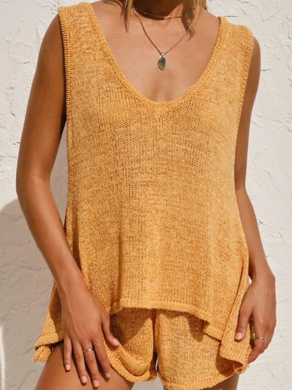 V-Neck Sleeveless Top and Drawstring Shorts Sweater Set