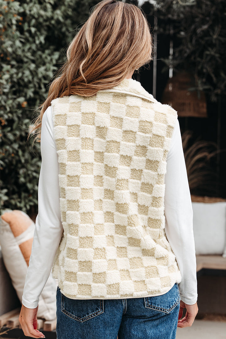 Stevie Sherpa Checkerboard Button Vest With Pocket