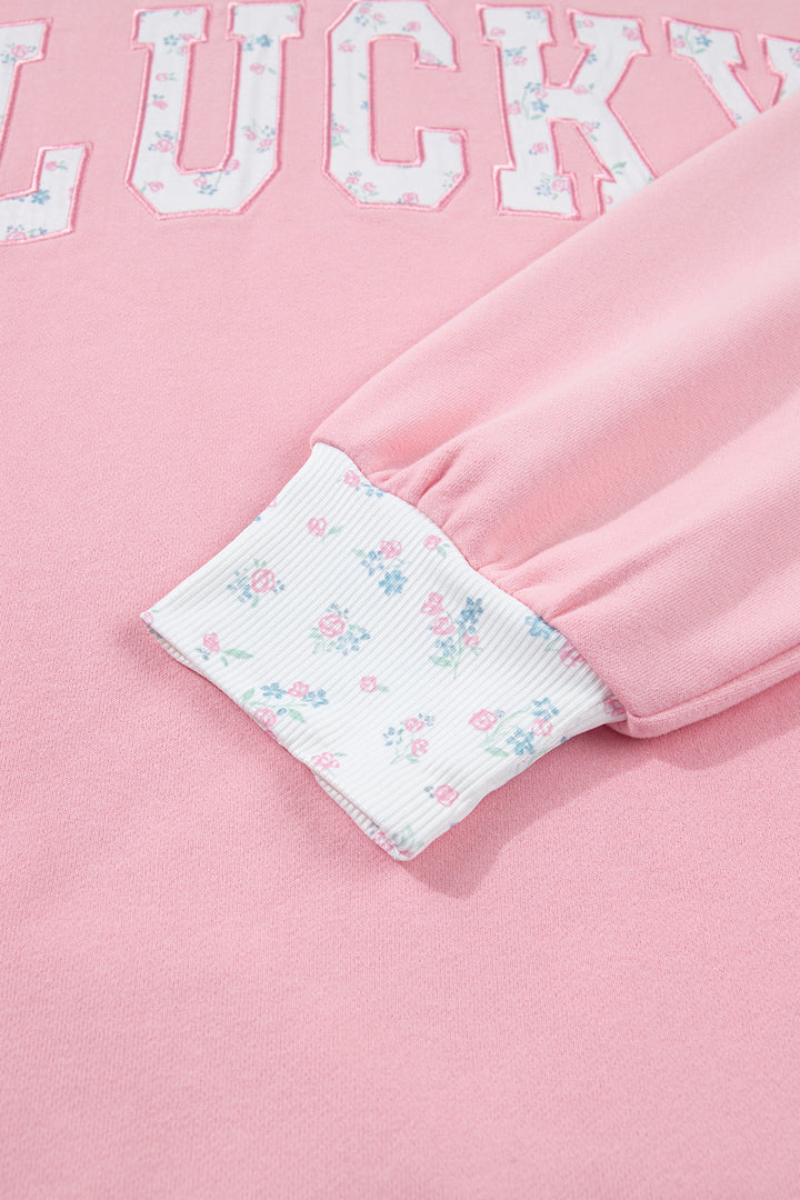 Pink High Neck Floral Patch Embroidery Long Sleeve Sweatshirt
