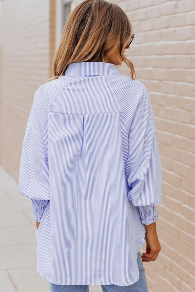 Sky Blue Smocked Cuffed Striped Boyfriend Shirt with Pocket