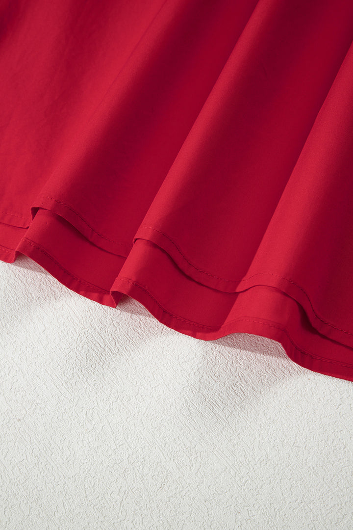 Fiery Red Striped Frilled Collar Ruffled Short Sleeve Blouse