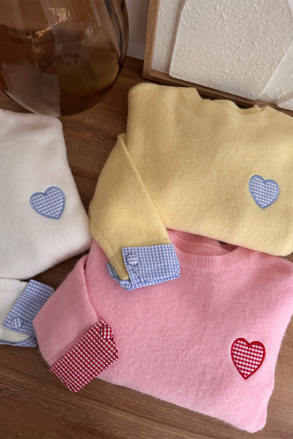 White Plaid Heart Embroidered Cuffed Drop Shoulder Crew Neck Sweater