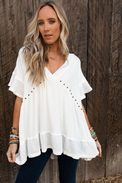 White Contrast Knit Splicing V Neck Studded Blouse