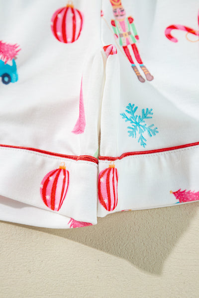 White Christmas Print Short Sleeve Shirt and Shorts Pajama Set