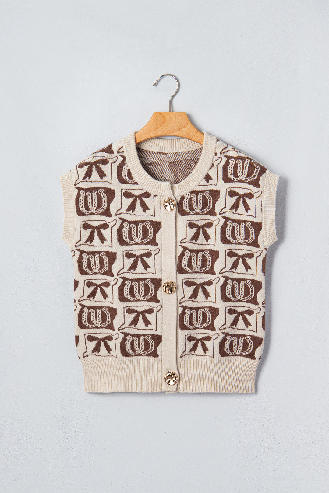 Brown Western Horseshoe Bow Pattern Button Front Sleeveless Knit Sweater