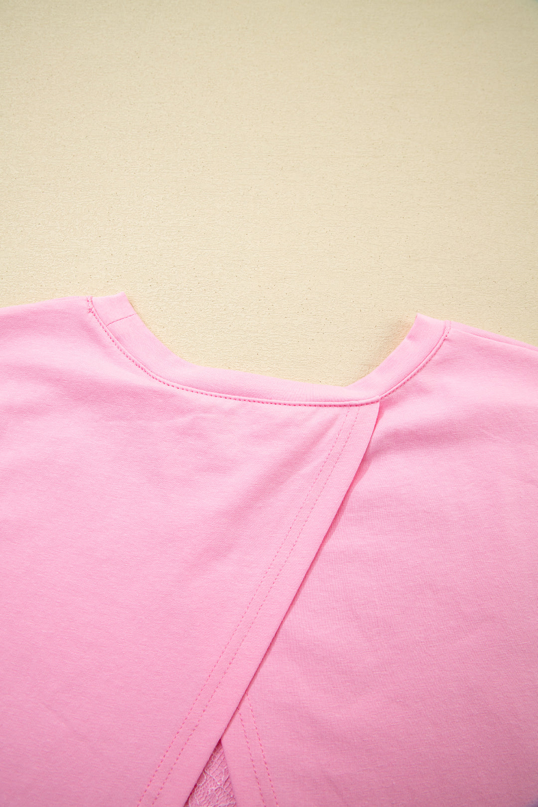 Pink Eyelash Floral Lace Patchwork Half Sleeve Oversize Tee
