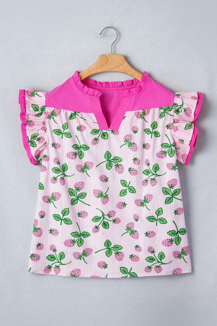 Pink Striped Strawberry Printed Color Block Patchwork V Neck Flutter Sleeve Blouse