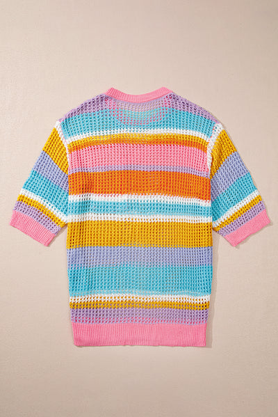 Pink Stripe Plus Size Open Knit Patch Pocket Short Sleeve Sweater