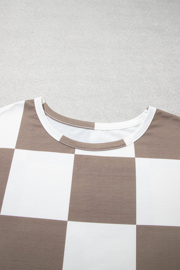 Khaki Checkered Contrast Long Sleeve Top Solid Shorts Plus Size 2pcs Set